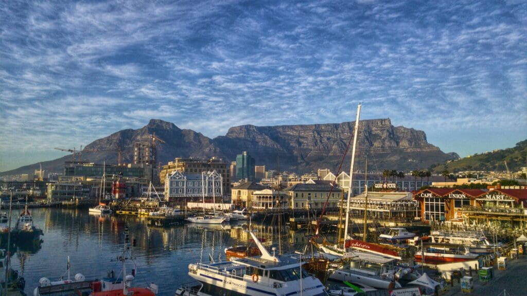 cape town snowfall. fishing boats in the sea.