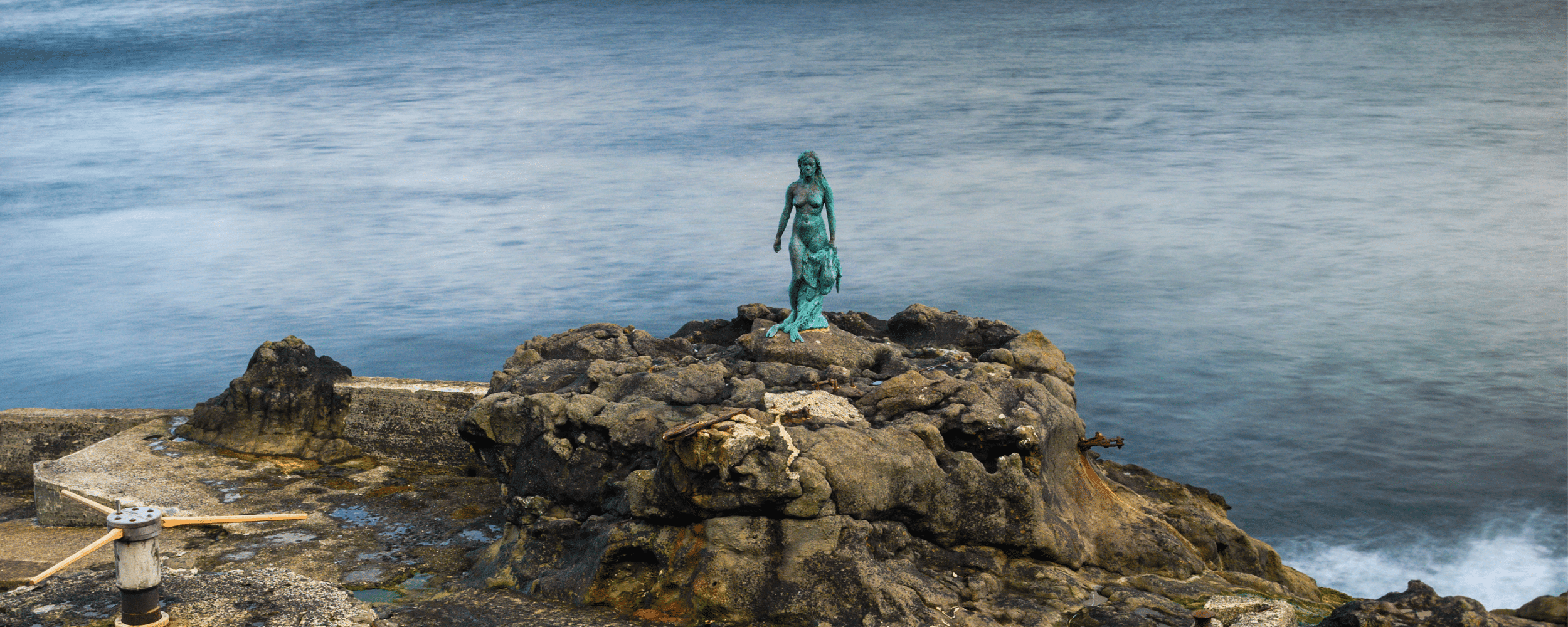 a selkie standing at the rocky beach cliff