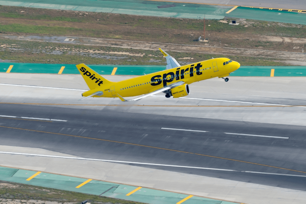 Aerial view of Spirit Airlines Airbus A320 departing airport.