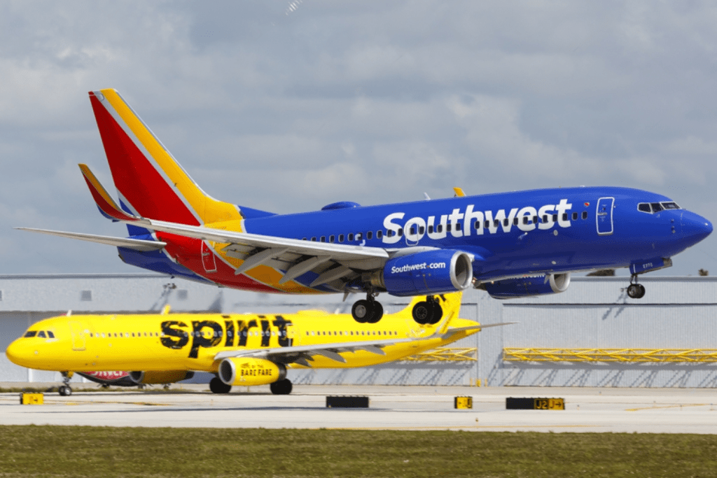 Spirit Airlines and Southwest Airlines at a Airport in USA.