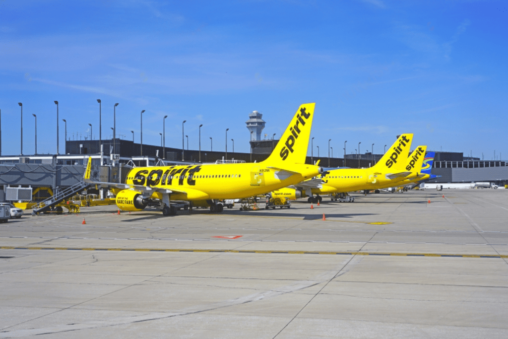 Yellow airplanes Spirit Airlines at Airport.