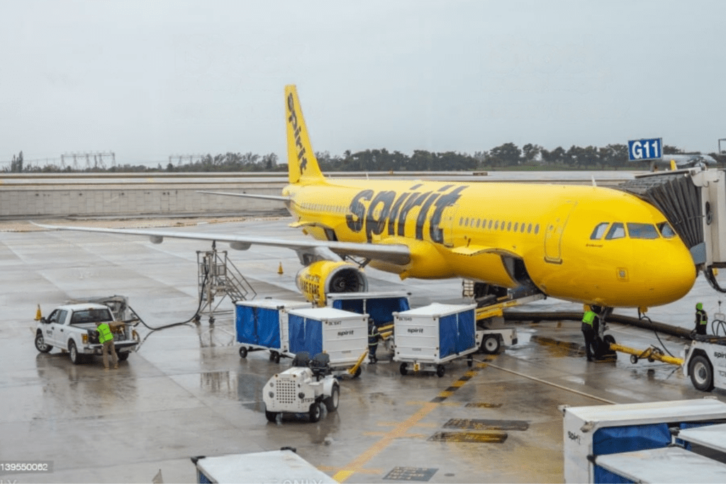 Spirit Airlines Jet parked at a gate.