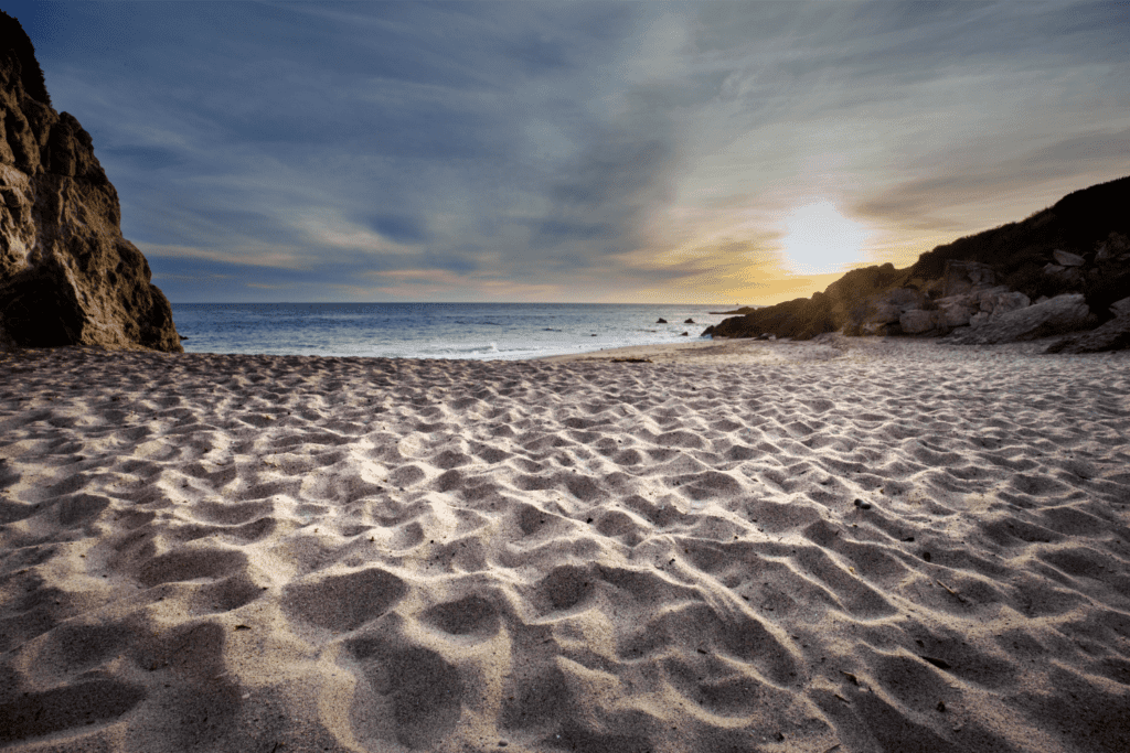 the pristine sand of dog friendly beach in leo carrillo state park