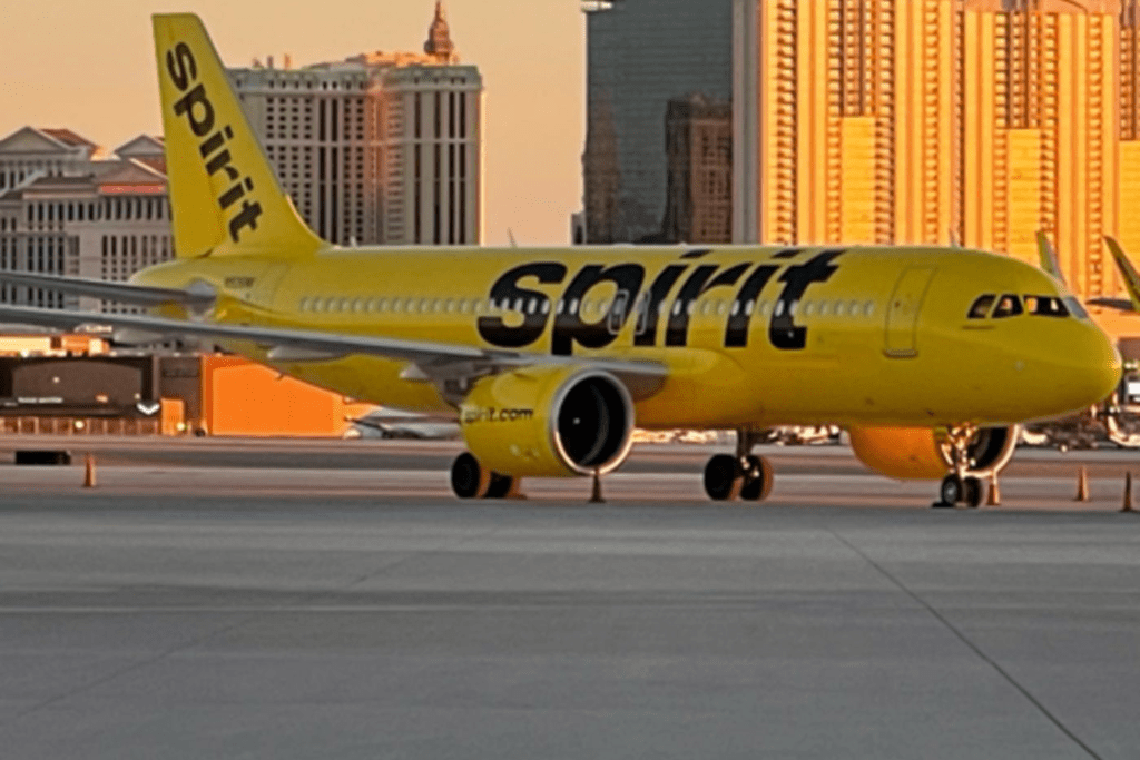 a yellow spirit airlines flight on the runway. 