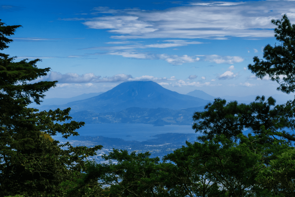 Volcano San Vicente and Lake Ilopango in the area of El Salvador.