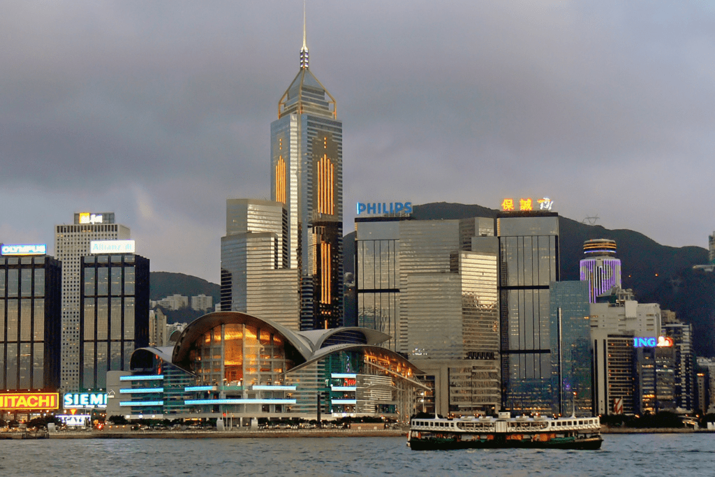 Central Plaza among Hong Kong buildings