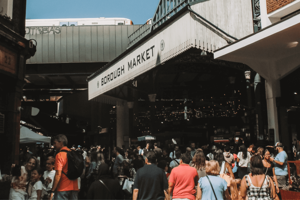 People crowded at the Borough Market. a site for London walking tours.